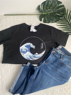 Topshop Black Tee with Blue Wave Graphic